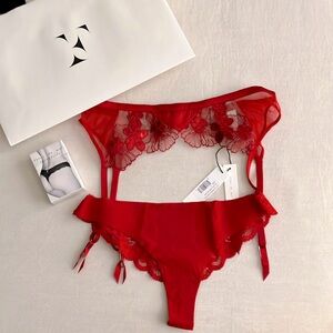 Fleur du Mal Violet Silk Garter Belt & Red Lace Panty